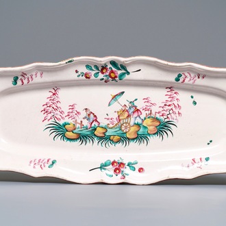An exceptionally large French faience de l'Est chinoiserie elongated oval dish, Strasbourg, 18th C.